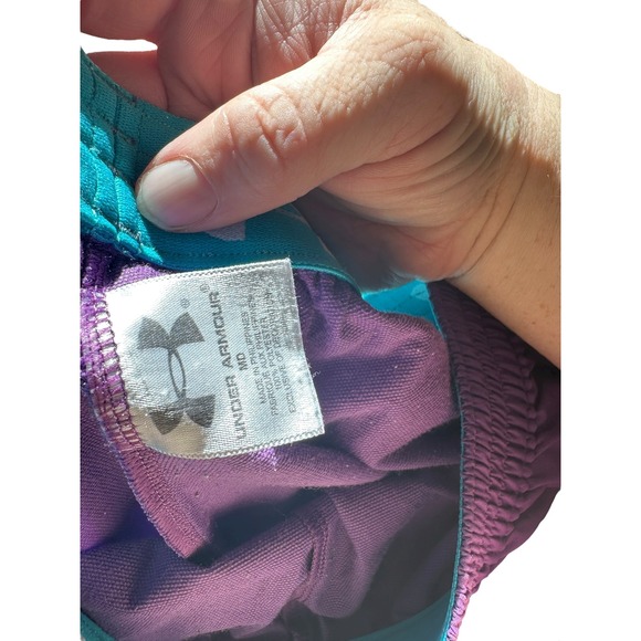 Under Armour Women Purple Yellow Running Shorts Athletic Workout Gym Size Medium - Picture 3 of 4